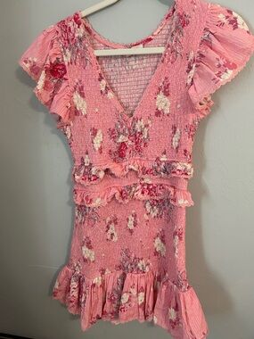 LoveShackFancy Pink Floral Smocked Ruffle Mini Dress
